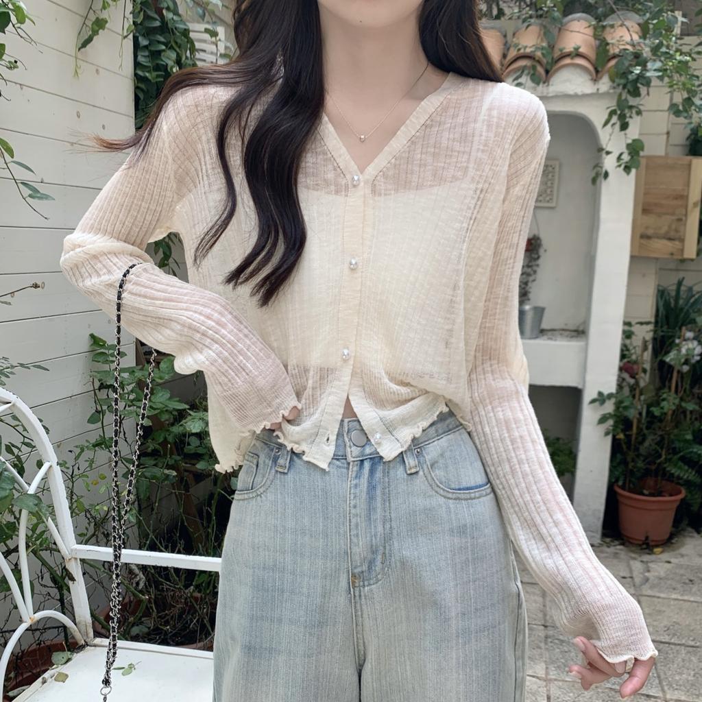 Summer Sun Protection Clothes Cardigan for Women Thin Loose Wood Ears with Shawls Short Student Knitted Ice Silk Shirt