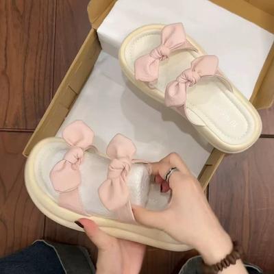 Шлепанцы на толстой подошве женские для улицы летние новые модели с юбками универсальные с бантами сандалии на перемычке