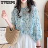 Women's New Summer Chiffon Loose Retro Stand Collar Shirt Top Blue and Green Floral Seven Quarter Sleeves