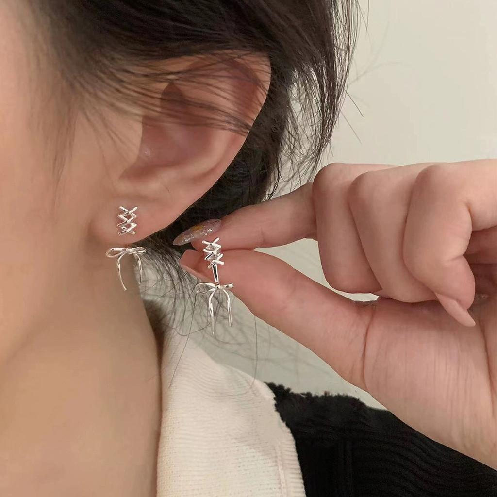 Elegant Bow Silver Earings for Women Twist Stud Earring Piercing Accessories Jewelry