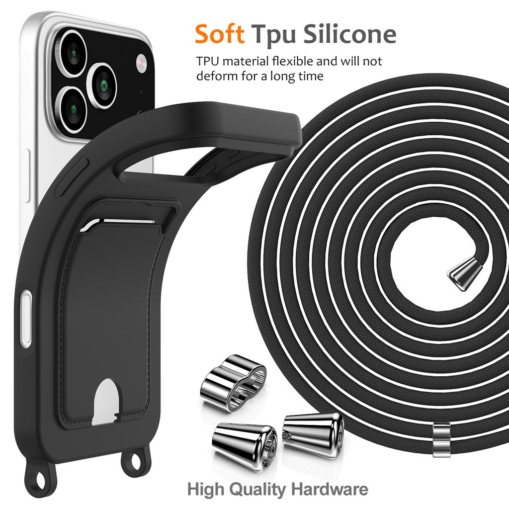 Чехол для iPhone 17 Pro Max, Жидкий силикон, Держатель для карт, Задняя крышка для телефона со шнурком