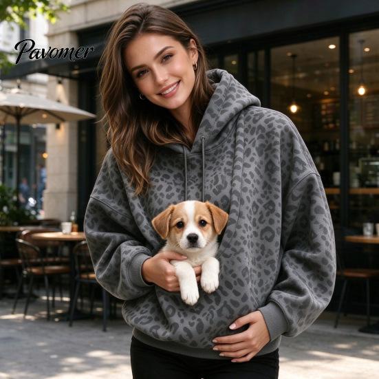 Puppy Pouch Hoodie Leopard Print Pet Carrier for Women, Oversized Hooded Sweatshirt Dog Casual Women & Cat Carrying, Long Sleeve Pullover Top