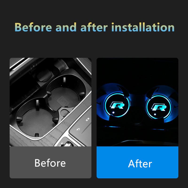 Valve Stems Caps 7 Color LED Car Water Cup Pad Cup Holder Light Luminous Coaster For VW Volkswagen R Rline Polo GTI Jetta Golf CKD1