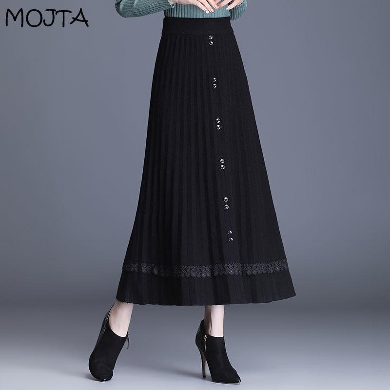 Осень-зима женская трикотажная юбка-миди женская юбка с высокой талией утепленная однотонная тонкая плиссированная юбка трапециевидной формы средней длины