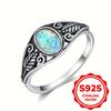 Vintage S925 Sterling Silver Oval Fire Opal Leaf Rings for Women Ethnic Bridal Ring Wedding Jewelry