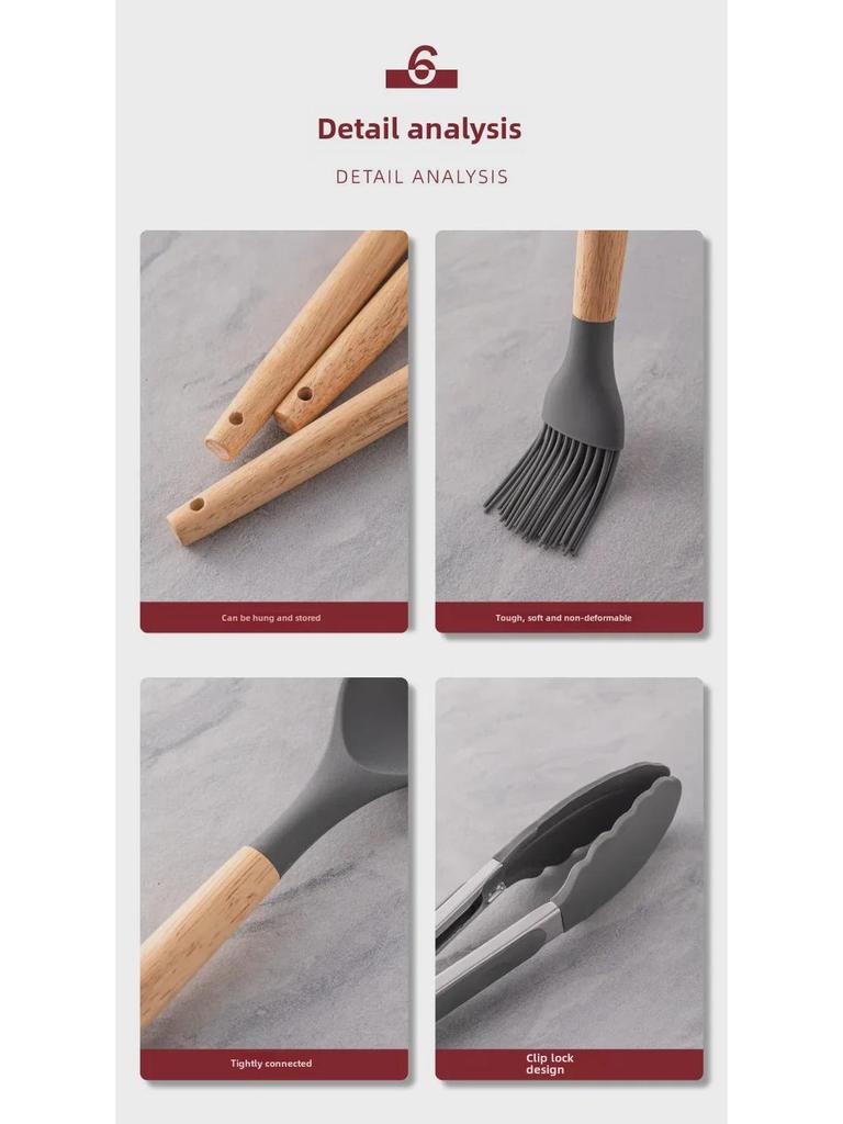 Набор из 12 кухонных принадлежностей из силикона с деревянными ручками - антипригарные, термостойкие лопатки и ложки для супа