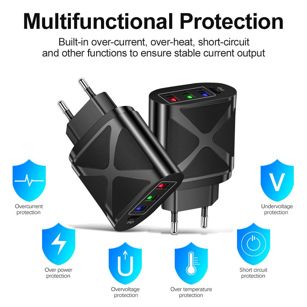 Mobile Phone Charging Head Fireproof Material 3.1A Multi-port 3USB+PD Type-c Mobile Phone Charger