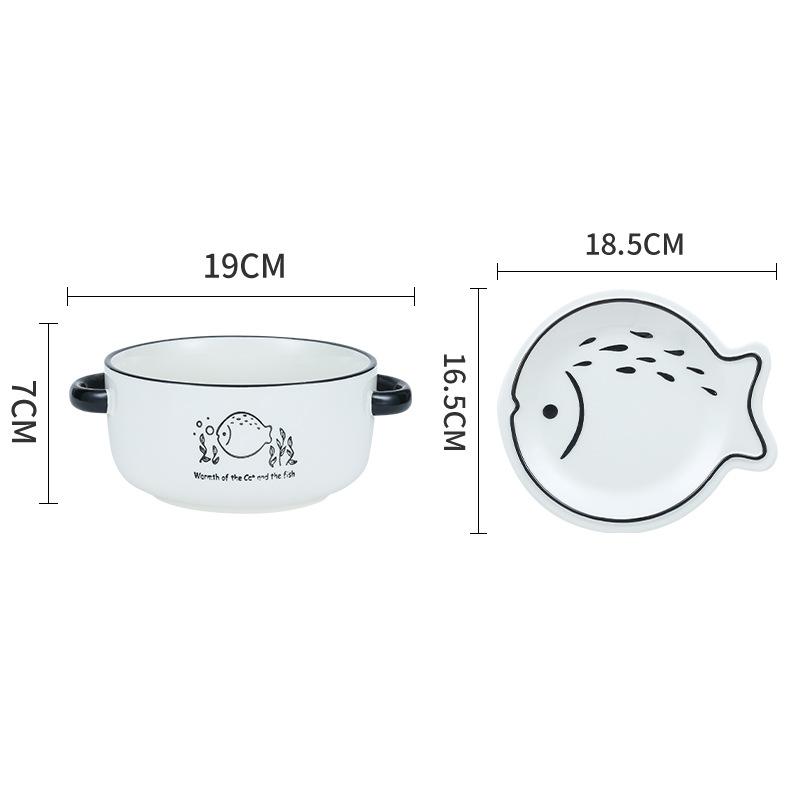 Nordic Simple Ceramic Bowl Cartoon Household Trumpet Personality Bubble Noodle Bowl with Lid Double Ear Soup Fresh-keeping Bowl