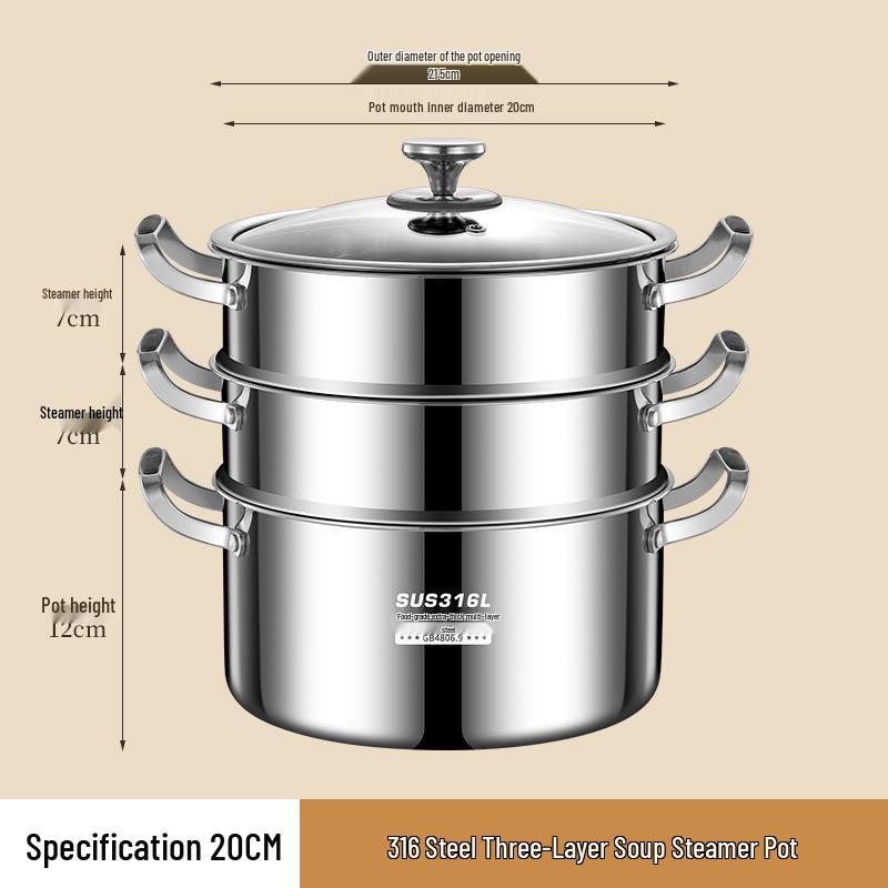 Супница из нержавеющей стали 316L с ручками - Антипригарная, для варки на пару, готовки и тушения на индукционных плитах