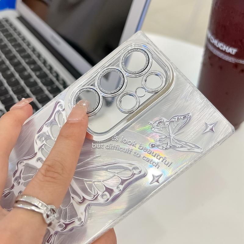 Fashion Butterfly Pattern IMD Clear Case For Samsung S25 S24 FE S23 Ultra A55 A15 A54 A35 Glitter Shockproof Lens Protection Slim Phone Cover
