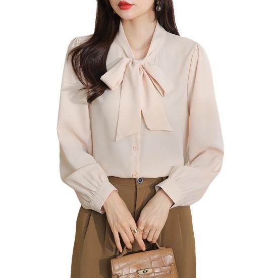 Женская рубашка со шнуровкой и бантом на воротнике, с длинным рукавом, повседневная рубашка, однотонная, свободная, шифоновая рубашка, топы, повседневная одежда