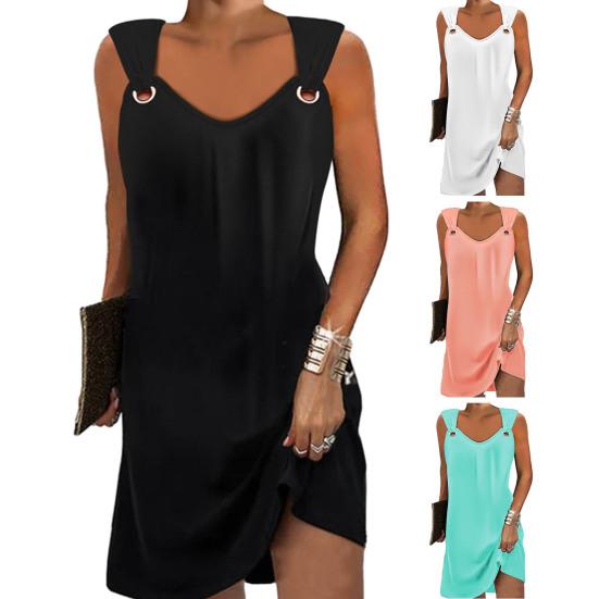 Летнее женское платье-жилет без рукавов с v-образным вырезом и полым кольцом, однотонное свободное платье, тонкое мини-платье, уличная одежда