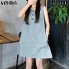 Летнее женское повседневное платье без рукавов с однотонными карманами