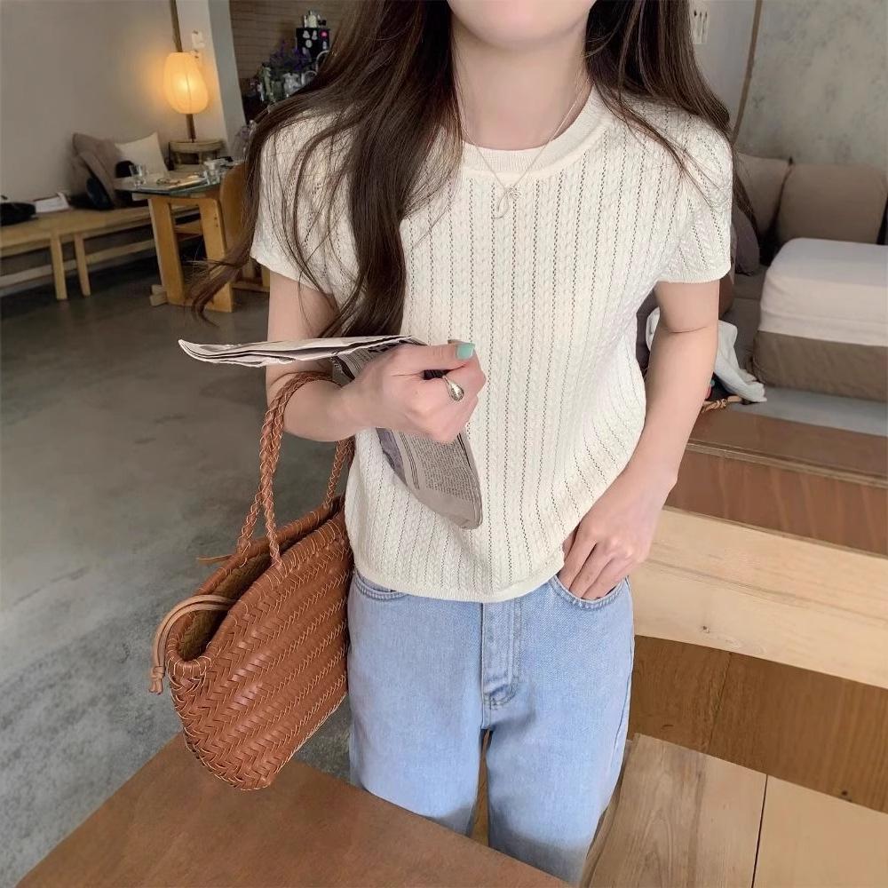 Женский топ с коротким рукавом в корейском стиле, вязаный ажурным узором, весна/лето 2025
