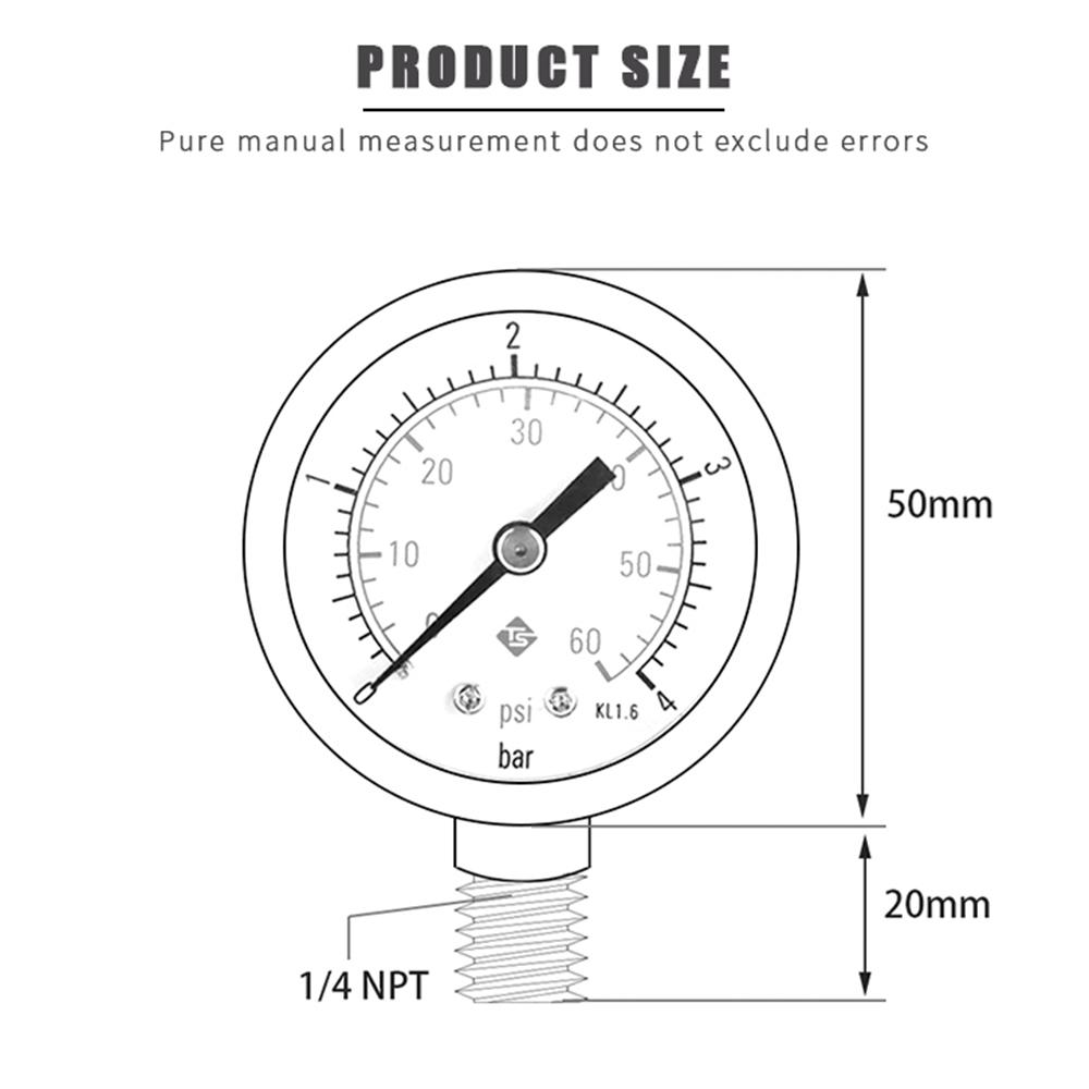 TS-50-4bar 50mm Manometer 0-60psi/0-4bar Dual Scale Water Pressure Dial 1/4 NPT Hydraulic Pressure Gauge