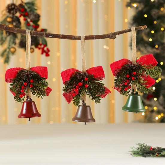 Christmas Tree Ornament Bow Pine Branches Decorative Bells Home Ambiance Doorway Wind Chime Decoration Christmas Theme Party Decor Gift