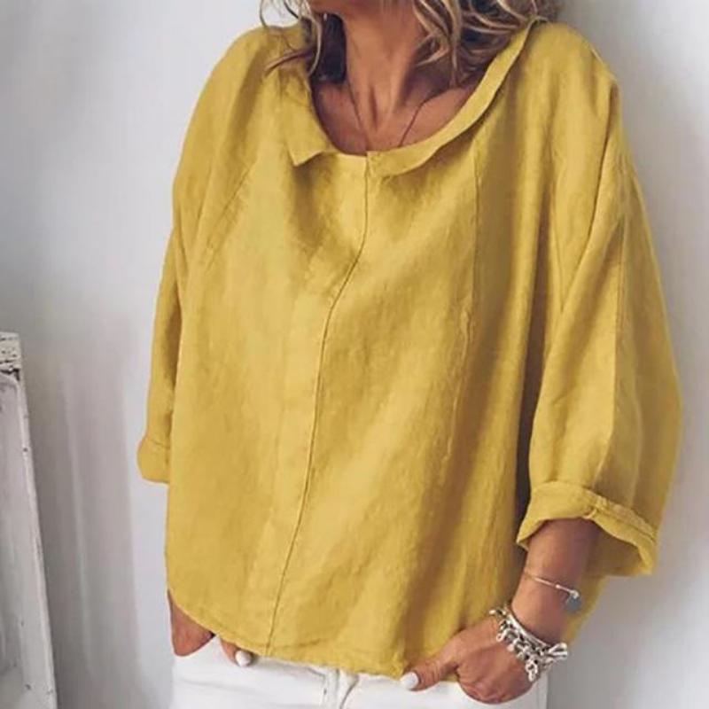 Cotton Women Blouses Summer Long Sleeve Solid Color Blouse Turn Down Collar Shirts Plus Size Top