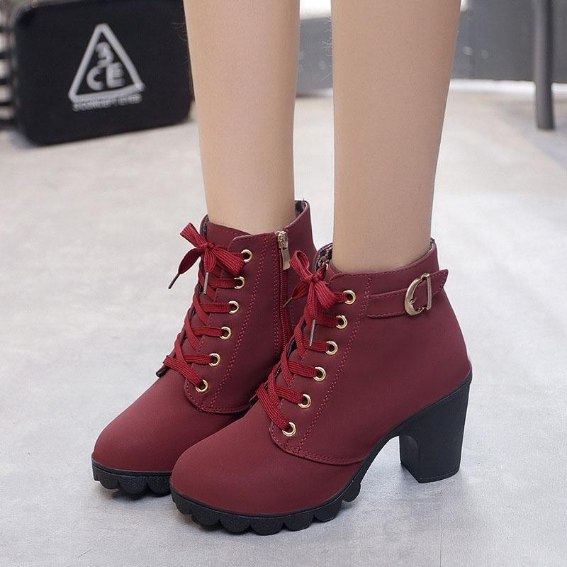 Fashion Women Boots Plus Size Ankle Boots Women Platform High Heels Lace Up Buckle Strap Shoes Thick Heel Short Boot Ladies