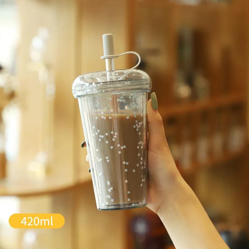 Ins Bubble Tea Cup Портативный стакан с трубочкой Пластиковые кофейные чашки с крышкой Прозрачная бутылка для воды
