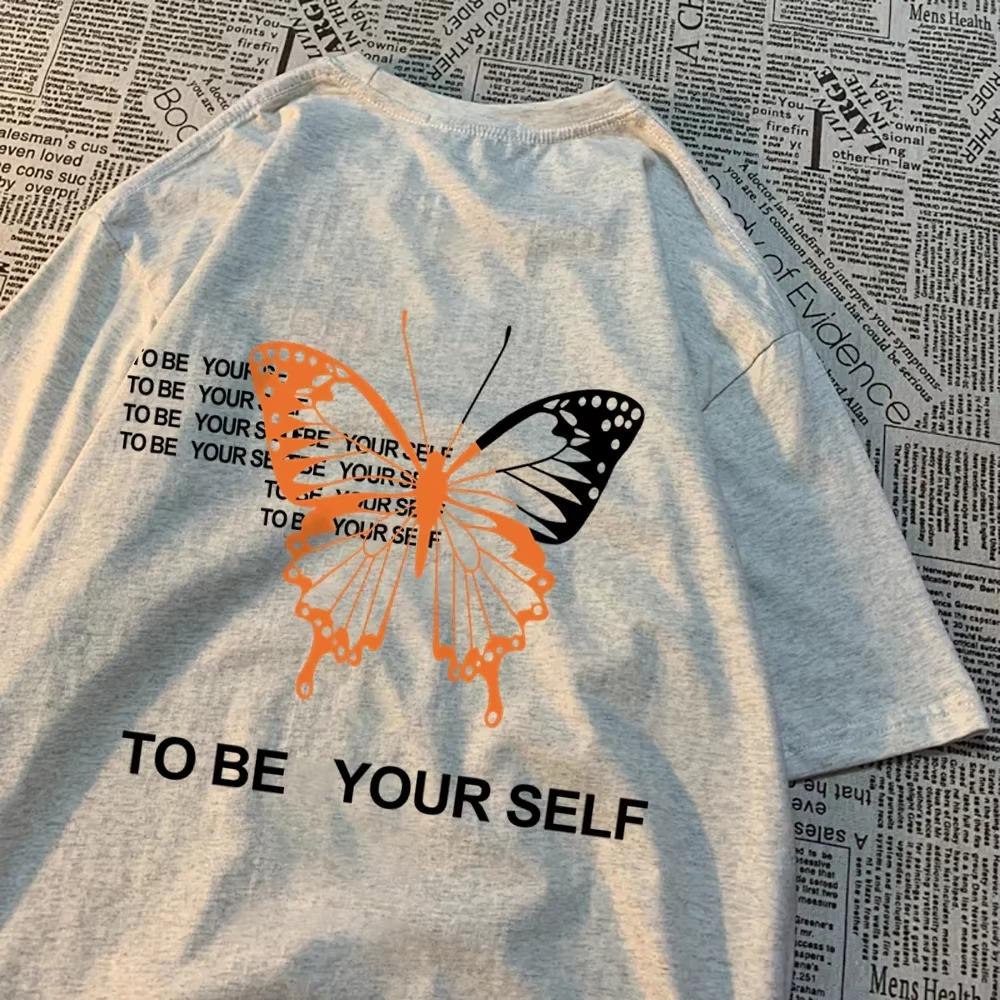 Футболки «Быть собой, бабочка» для мужчин и женщин, большие размеры, винтажные толстовки, свободные хлопковые футболки, летняя футболка с рисунком