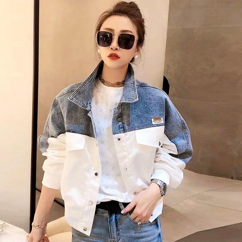 Fashionable Women's Denim Jacket with Contrasting Colors, Spring Autumn Patchwork Coat