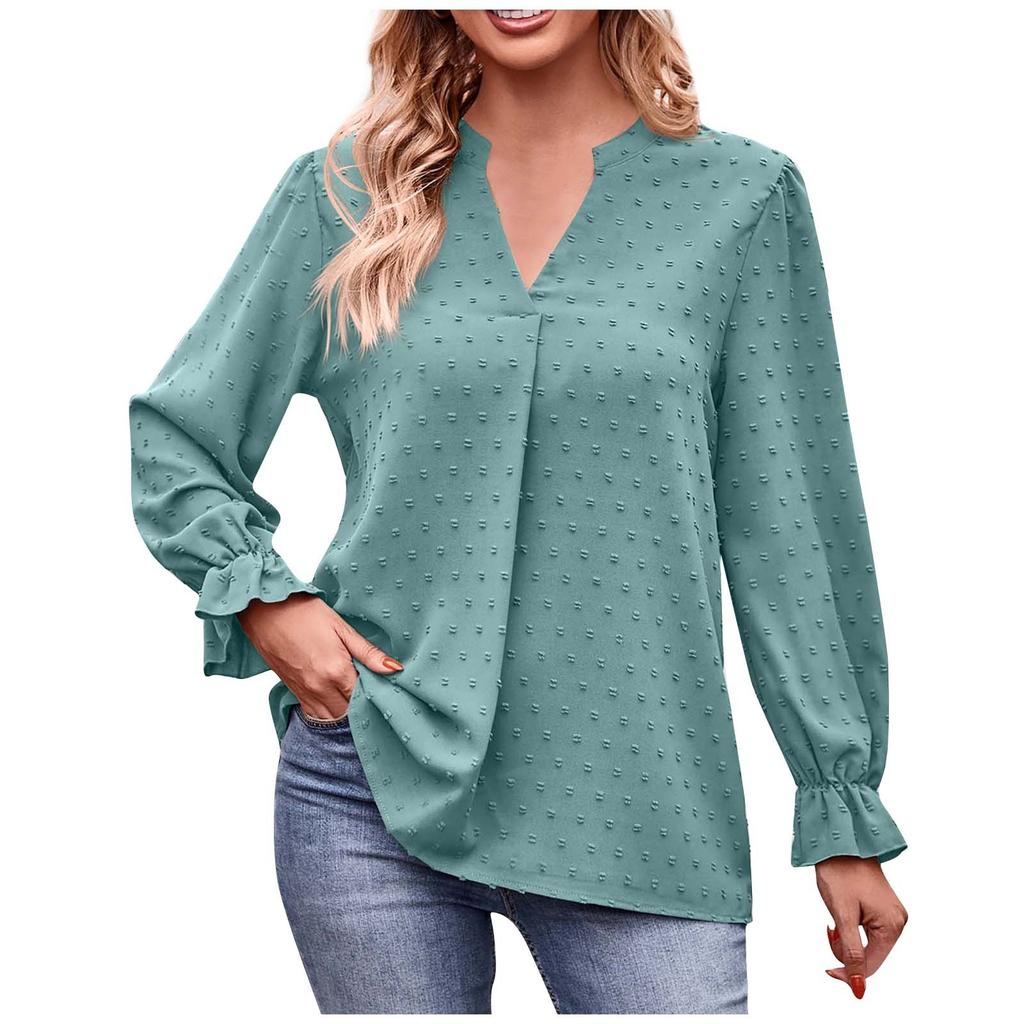 Женская модная повседневная свободная однотонная футболка с v-образным вырезом и рюшами с длинным рукавом