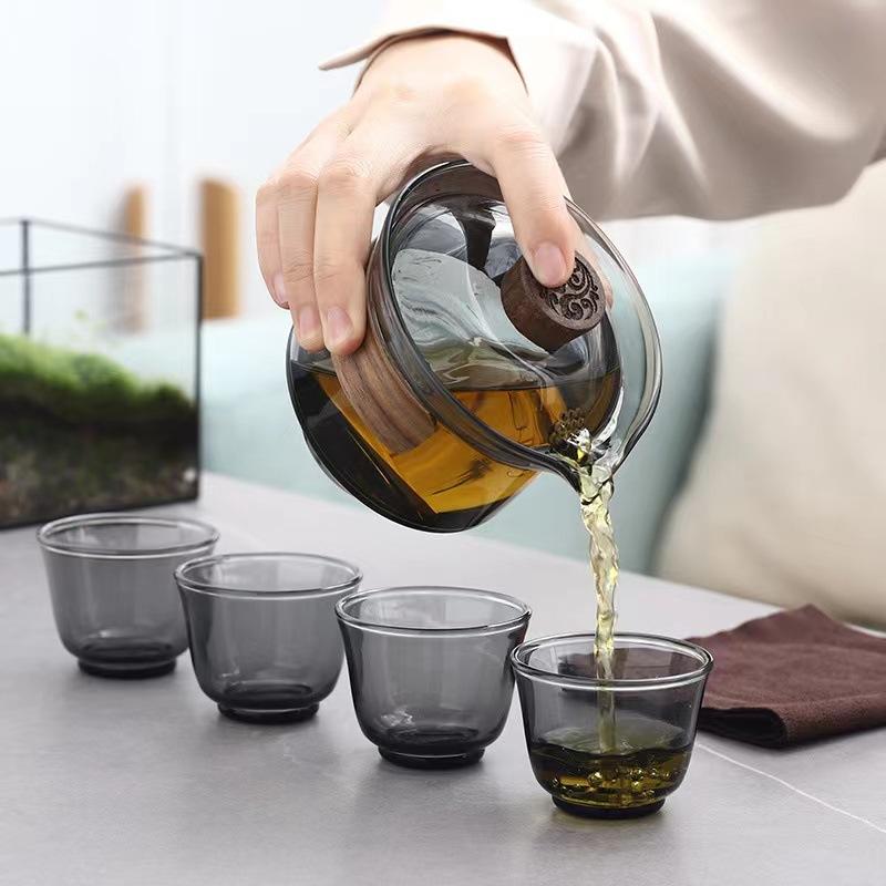 Heat-resisting Glass Tea Set Chinese Kung Fu Tea Bowl Gaiwan Lid with Filter Hand Grip Pot Anti Scald Teacups Travel Teaware