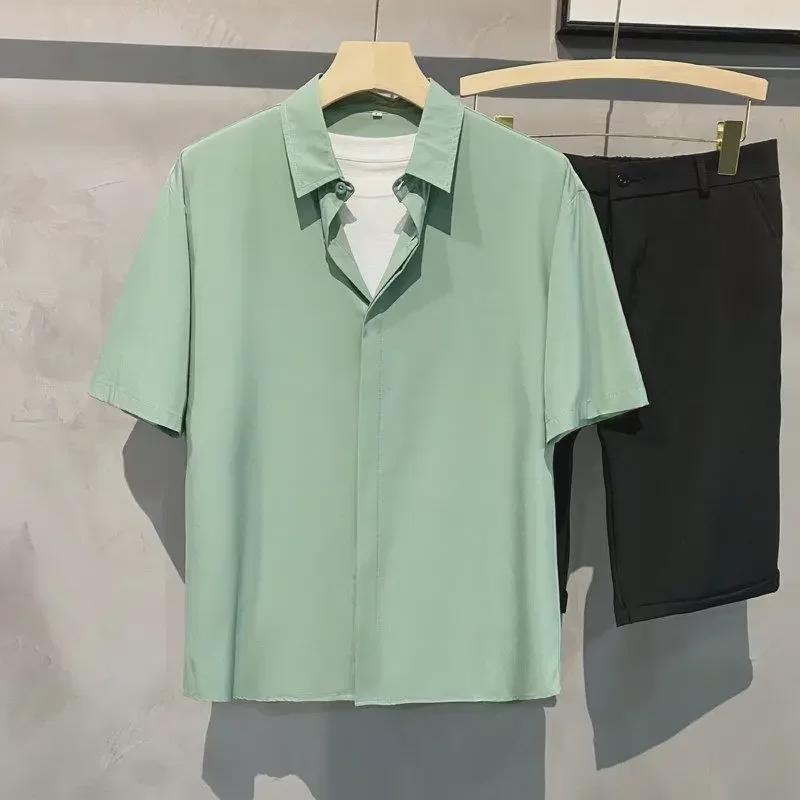 Мужская рубашка в японском стиле из высококачественного шелка Ice Silk Drape - летняя, с коротким рукавом, свободный крой