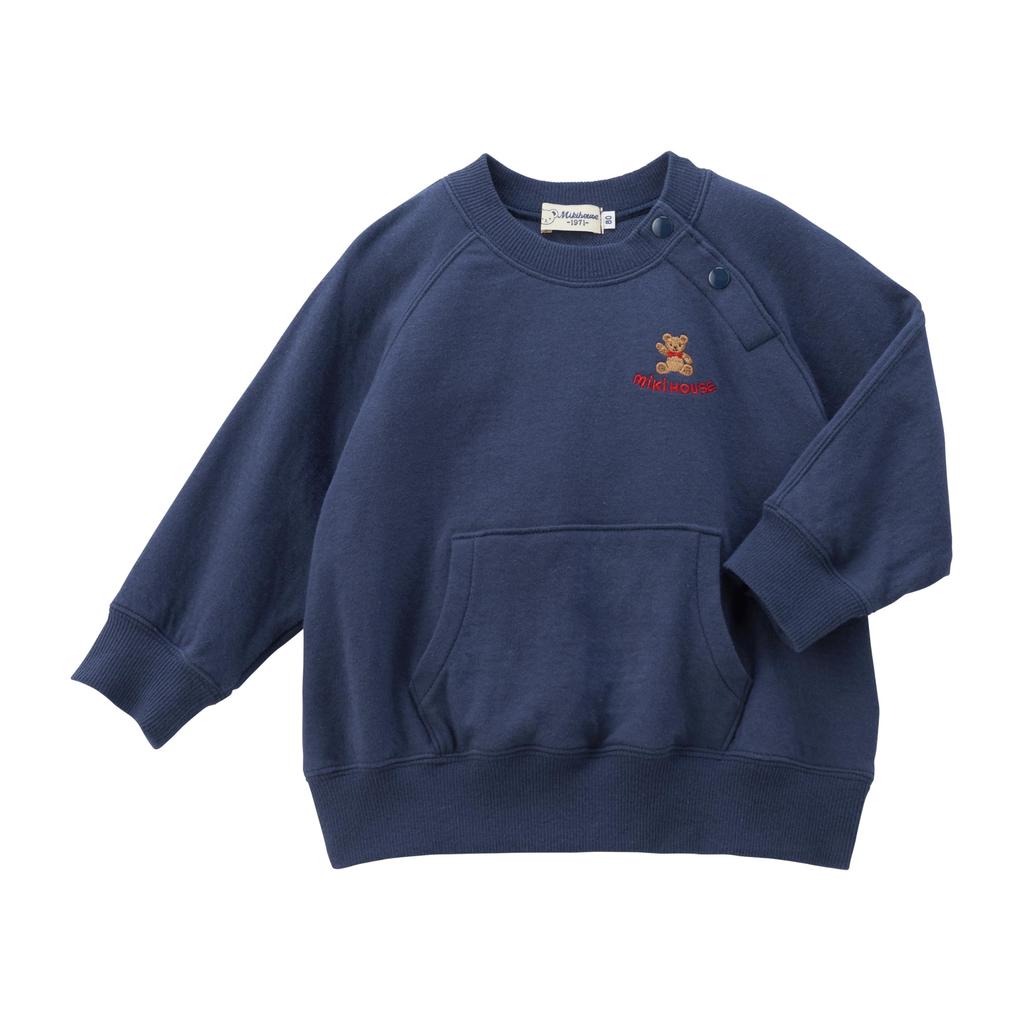 MIKI HOUSE Толстовка с логотипом и медведем Однотонная Длинная Сделано для мальчиков и Темно-синий Принт, Цвет, Рукав, Япония, Девочки, Малыш, Дети, Детская одежда,