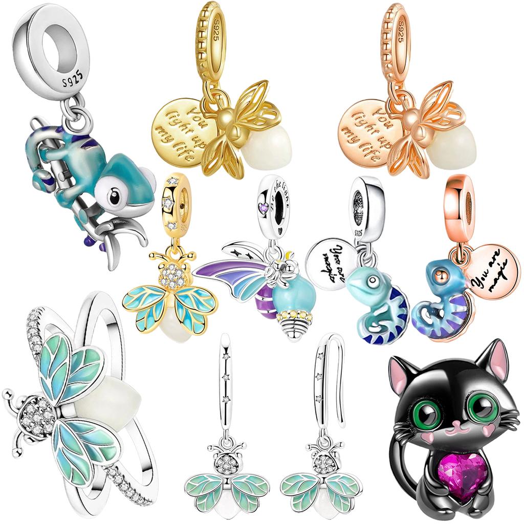 New Copper Dangle Charm Luminous Firefly Chameleon Ring Earrings Bead For Women Diy Charms Bracelet Jewellery Gift