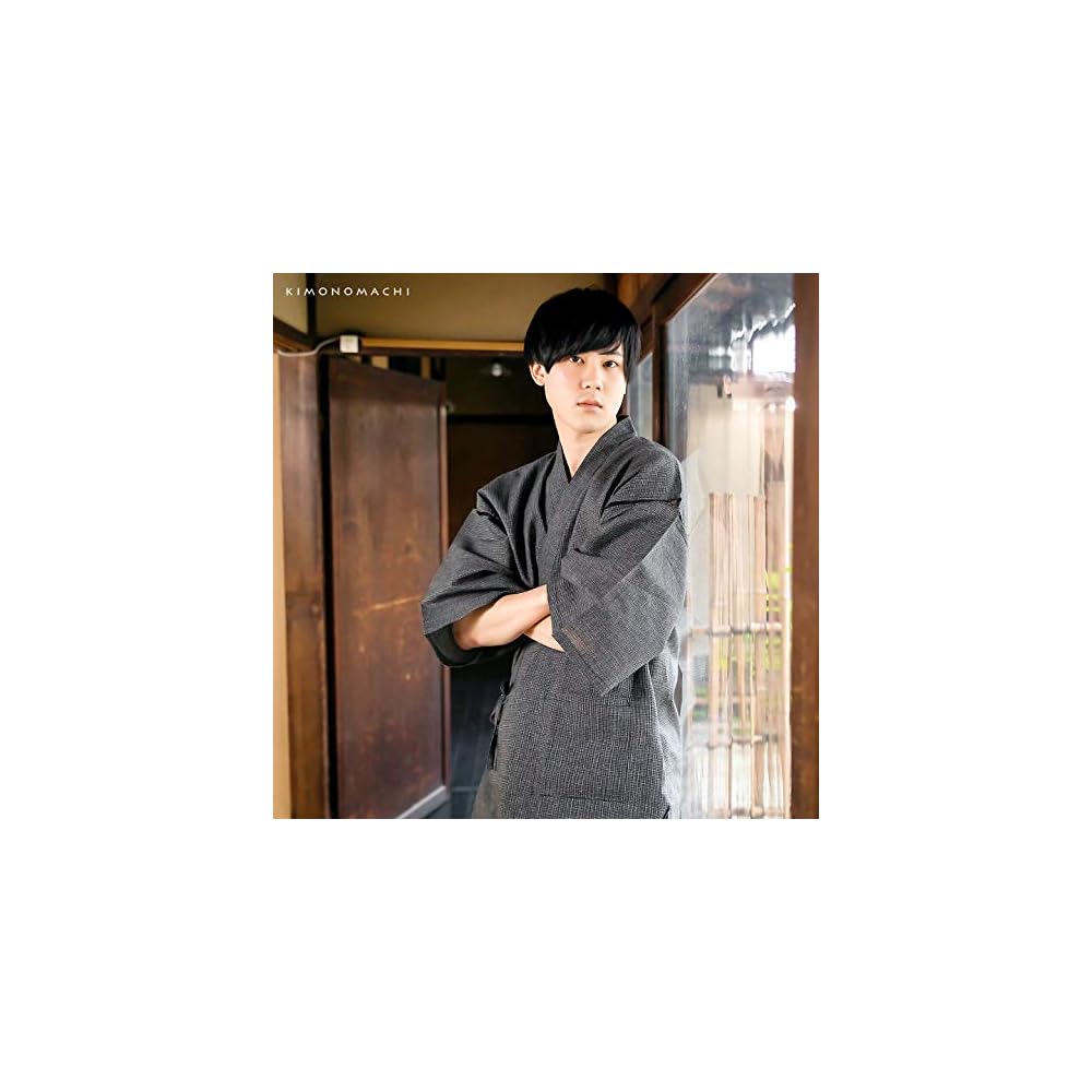KIMONOMACHI Kyoto Kimono Town Original Men's Jinbei (Japanese summer wear) - Black check pattern,