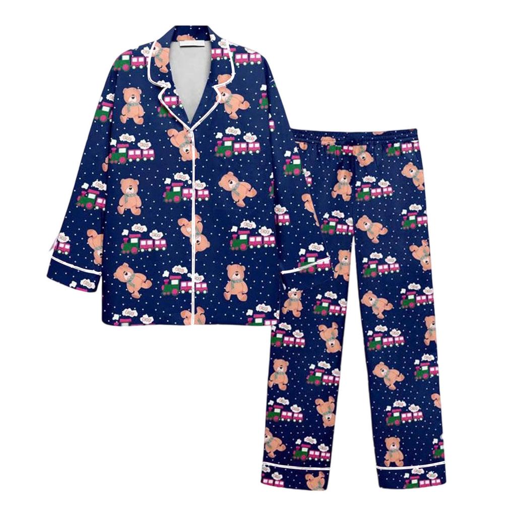Omen's 2 Piece Printed Suit Long Sleeve Button Up Top Wide Leg Pants Suit Set Pajamas Home Casual Suit