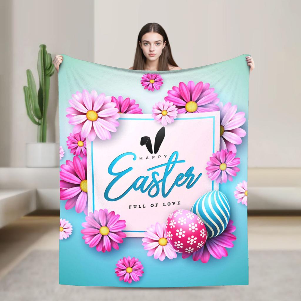 Cute Rabbit Painting Easter Eggs Blankets Quality Soft Cozy Bedding Throws Spring Picnic Living Room Novelty Bedspread