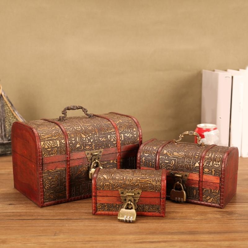 Винтажный деревянный сундук сокровищ, декоративный контейнер для хранения памятных вещей с замком, антикварный органайзер для ювелирных изделий для женщин