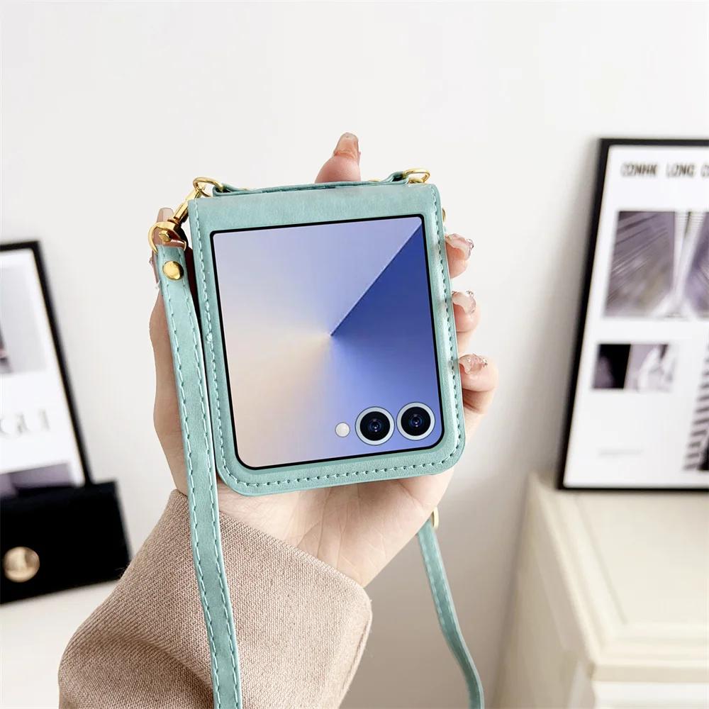 Crossbody Cards Solt Wallet Leather Phone Case for Samsung Galaxy Z Flip 7 FE 6 5 4 Flip6 Flip7 Hand Strap Lanyard Pocket Cover