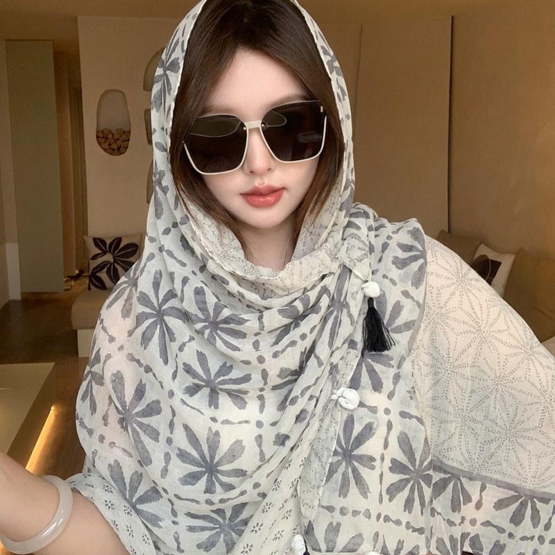 Ethnic style buckle blue shawl summer outside tie-dye cape seaside photo sunscreen silk scarf versatile scarf women