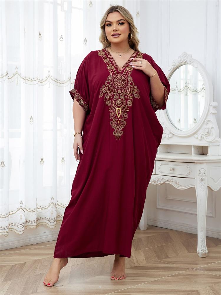 EDOLYNSA Golden Embroidered Plus Size Red Kaftan Dresses for Women Cozy V-neck Half Sleeve Beachwear Swimsuit Cover Up Loose Caftan