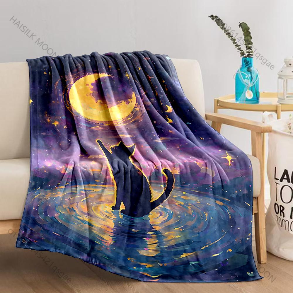 Cat reaches moon reflection Print Adult Children Warm Blankets Home Travel Car Soft and Comfortable Suitable for all seasons