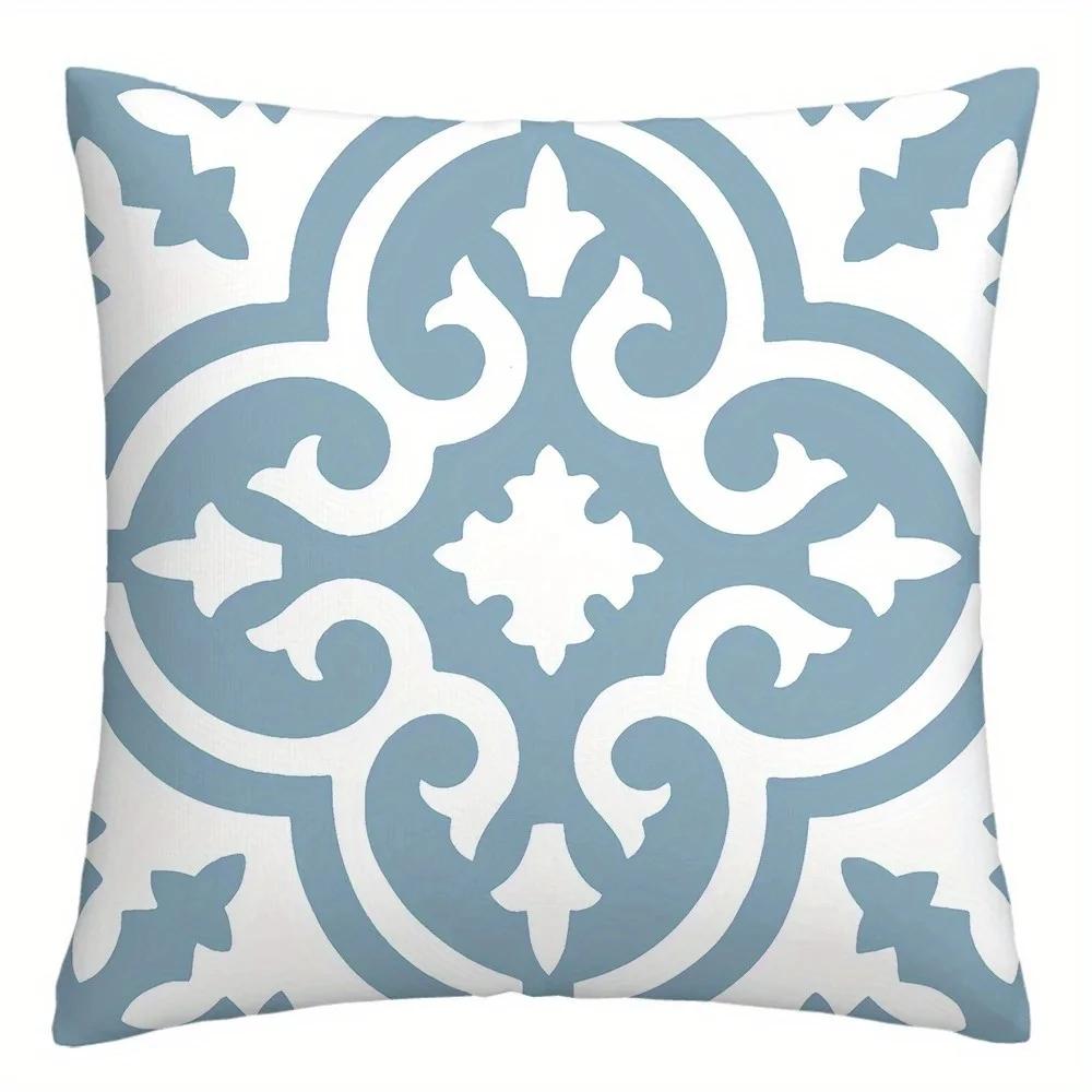 Blue And White Ornate Pattern Throw Pillow Cover With Short Plush Print Living Room Sofa Decoration Cushion Cover Pillow Covers