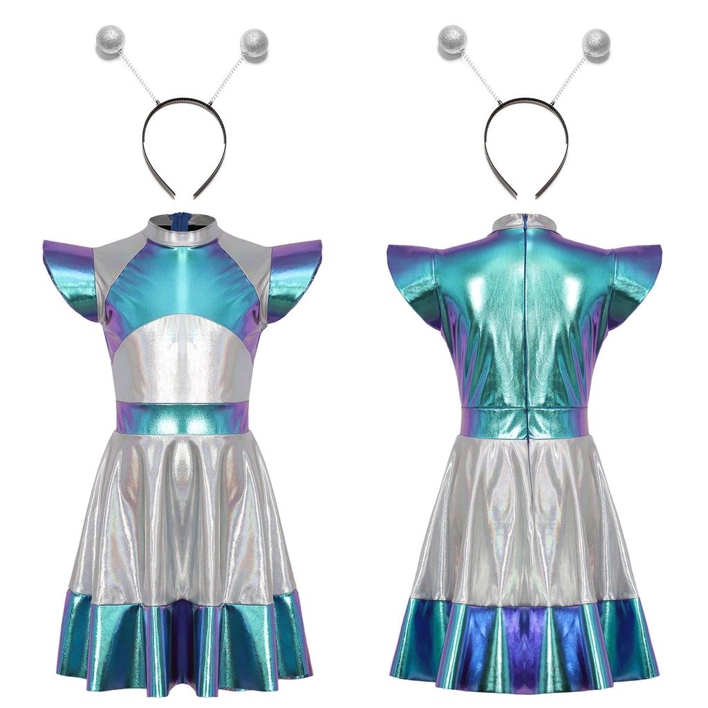 Детский костюм для косплея на Хэллоуин для девочек, космический костюм милашки, платье с забавным аксессуаром-кольцом для волос в стиле инопланетянина
