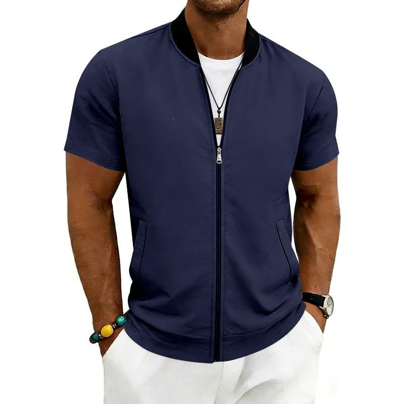 HNXC Men's Vintage Casual Solid Color Print Summer Spring Short Sleeve Stand-up collar Jackets & Coats Classic Exquisite