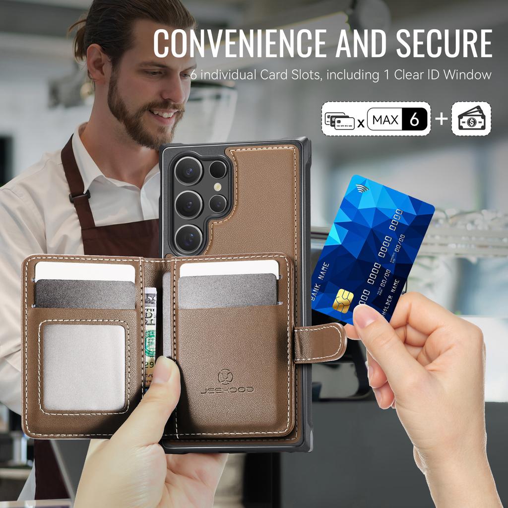 For Samsung Galaxy S26 Ultra Magnetic Case JEEHOOD J09 RFID Blocking Card Holder Leather Back Phone Cover