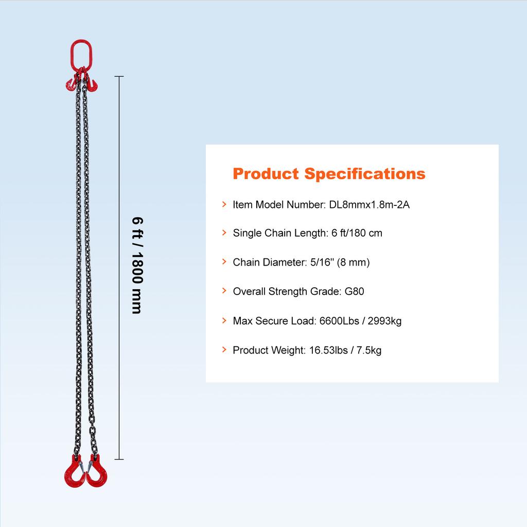 SucceBuy 3T Цепной строп 6 футов 8 мм/10 мм Сверхмощные подъемные цепи с 2-ветвевыми крюками-захватами G80 для ручной тали, подъемного инструмента