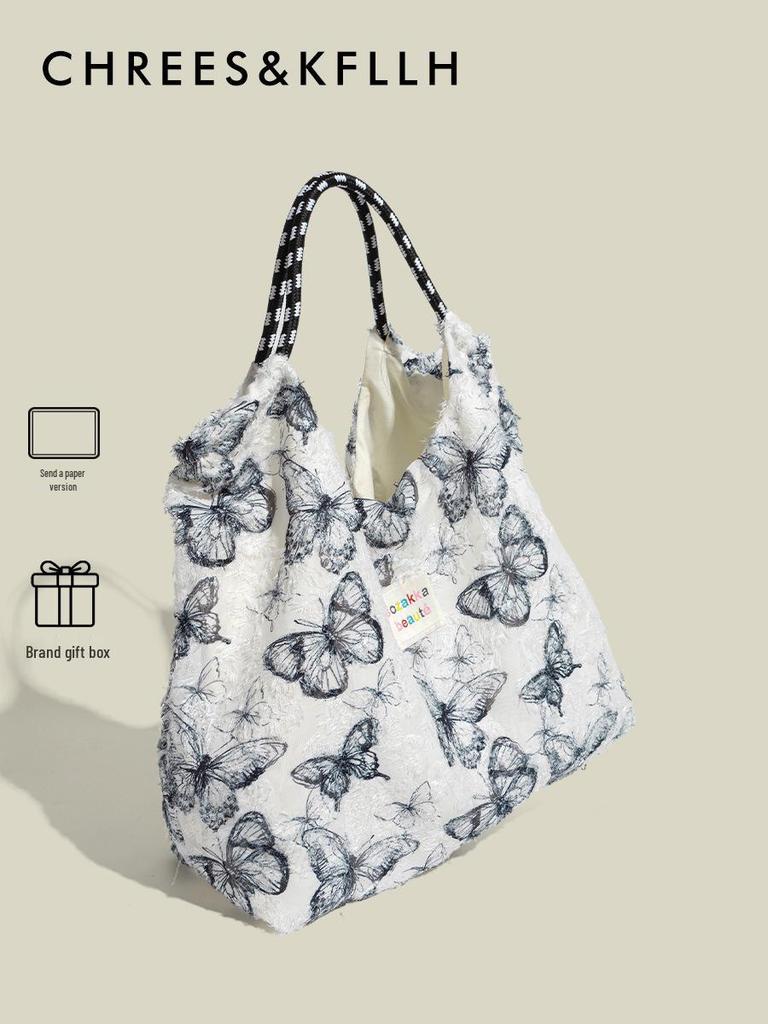 Элегантная холщовая сумка-тоут Mao Yun с кружевной бабочкой - Женская большая весенне-летняя сумка