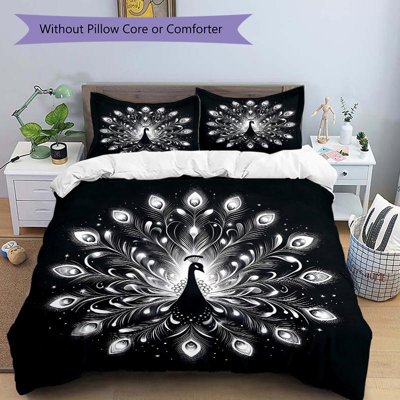 3pcs Radiant Peacock Print Bedding Set (1 Cover + 2 Pillowcases, Without Inserts), This Printed Bedding Set is Soft and Comfortable, Suitable for