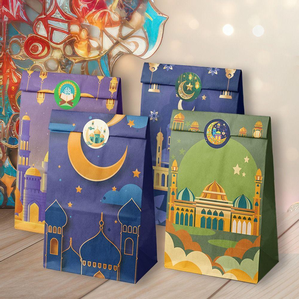 12Pcs Multicolor Eid Mubarak Gift Bag Kraft Paper Flat Open Bags Ramadan Gift Bag Ramadan Party