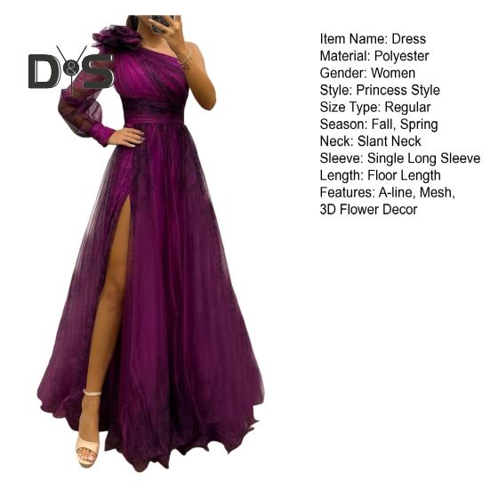 Женское вечернее платье с 3D-цветочным декором на одно плечо, плиссированное, сетчатое, банкетное платье, одно плечо, длинный рукав, тонкая талия, А-силуэт, длина до пола, разрез, подол, шар