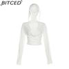 BITCED Spring Women's Solid-Color Slim-Fit Crop Top Fashion V-Neck Hooded Long-Sleeve Sun Protection Shirt