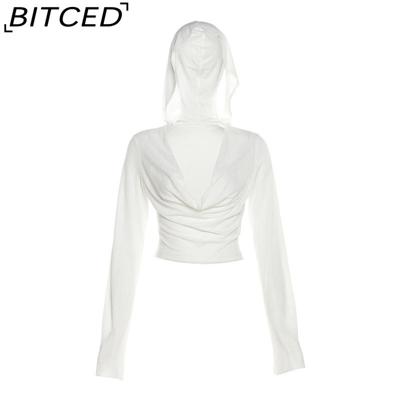 BITCED Spring Women's Solid-Color Slim-Fit Crop Top Fashion V-Neck Hooded Long-Sleeve Sun Protection Shirt