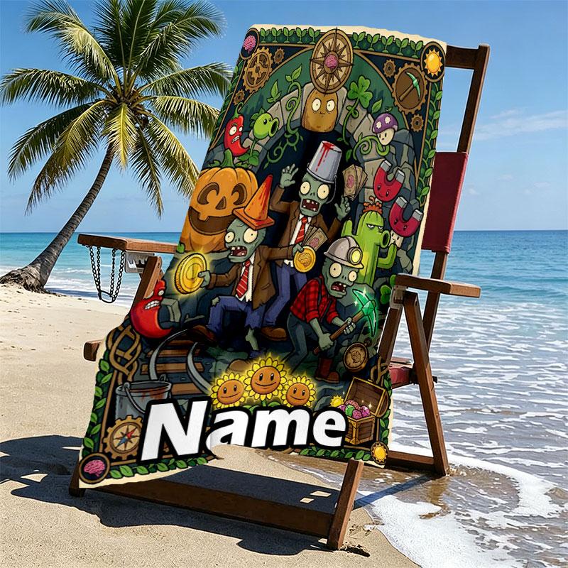 Custom Name Personalized Plants vs. Zombies Print Beach Towel, for Trip Camping Beach Party Home Decor, Birthday Gift for Family & Friends